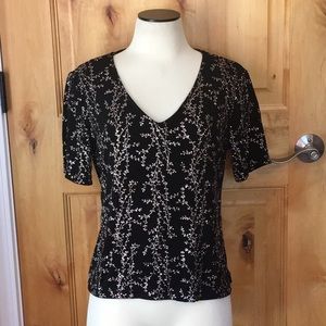 Vntg RONNI NICO by OUIJA Blk Floral V-Nk Top EUC L